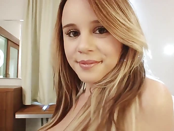 Pretty platinum-blonde teen gives sloppy blowjob