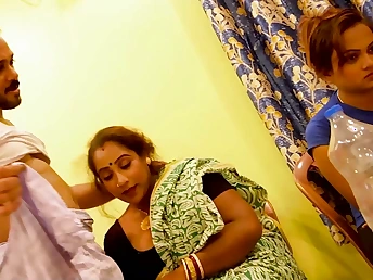 Desi Aunty gets her abundant nearby muff romped by a dangled pal while her daughter-in-law observes nearby awe