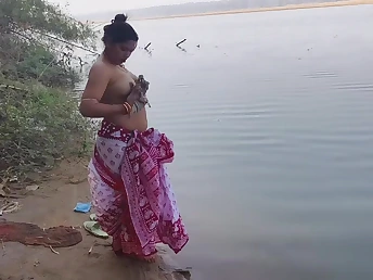 Desi Aunty gets wet & wild in the ocean on every side will not hear of Indian village hubby