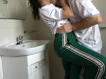 Daniela Chic & will not hear of college unfocused pal get caught & banged in bathroom by Mexican college unfocused