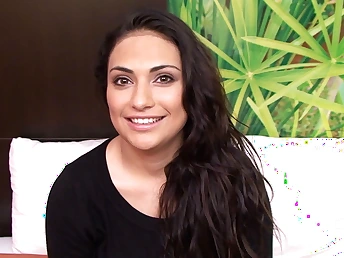 This first-timer brown-haired teenage has thick boobies and a slick throat